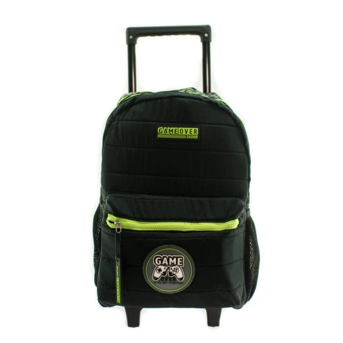 MOCHILA ESCOLAR NEGRA CORDONES VERDES CON CARRO - SKORA - Imagen 1
