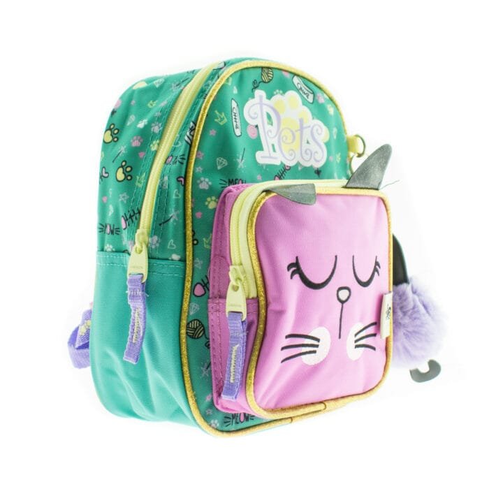 MOCHILA NENA VERDE CON GATO ROSA - CHENSON - Imagen 2